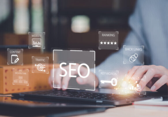 Marketer showing SEO concept ,optimization analysis tools , search engine rankings , social media sites based on results analysis data ,Website Search Optimization ,online marketing strategy